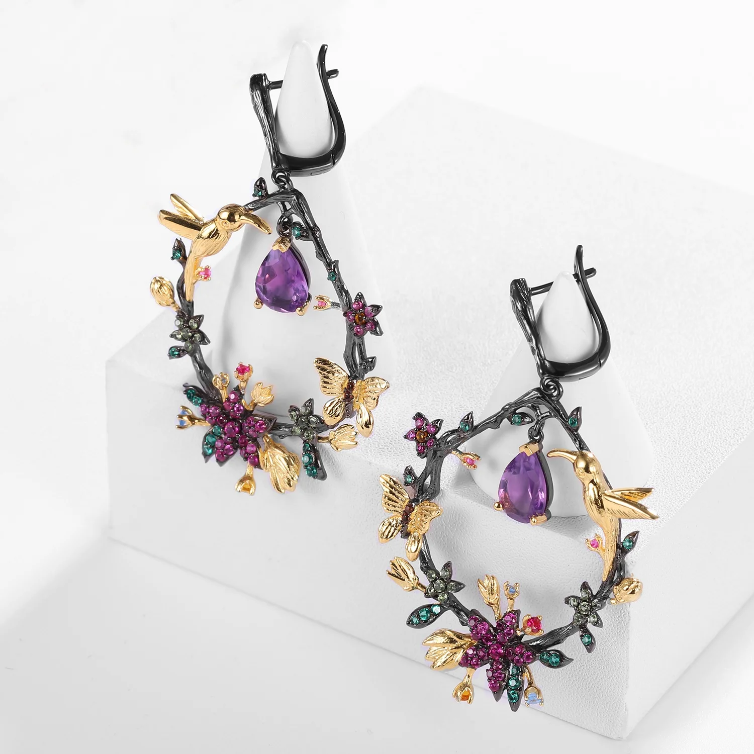 

Fancy Natural Amethyst Gemstone 925 Silver Gold Plated Bird Butterfly and Multi Color Flower Big Hoop Earrings