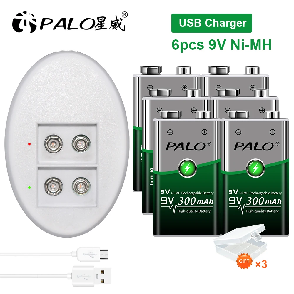 Palo 2-8pcs Rechargeable 9V Battery 6f22 9 Volts Nimh Pre-charged Batteri Crown Krone 300mah+ Quick Charger Usb Smart