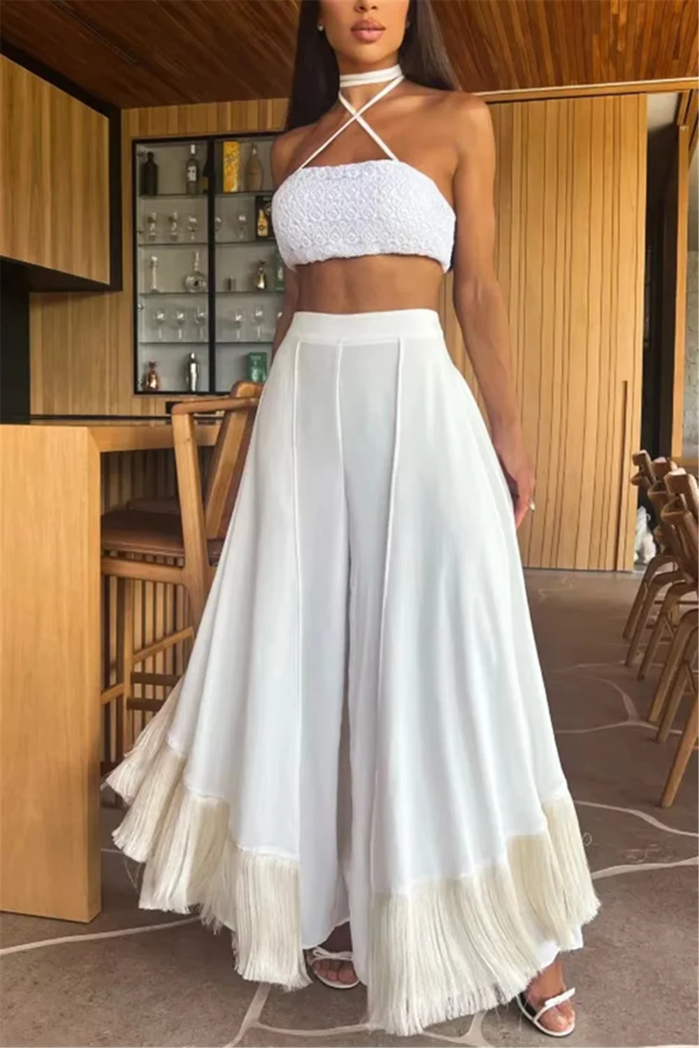 Siren Chic Elegant Tassel Swinging Hem Flare Pants Loose High Waist Solid Irregular Overlap Ruched Casual Summer Beach Trousers