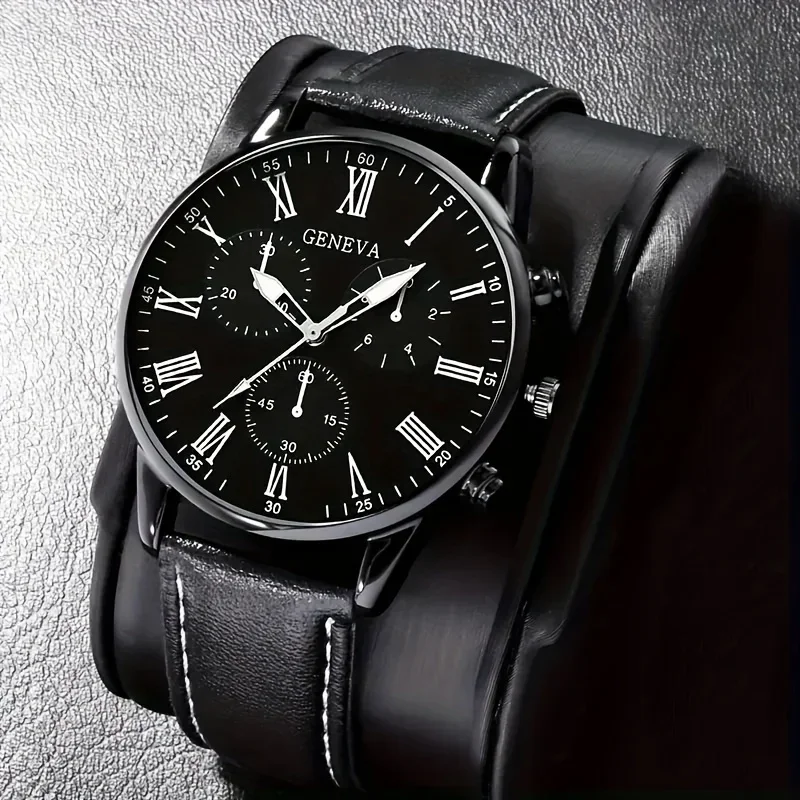 Men's PU Strap Black Roman Numeral Quartz Watch+woven Bracelet, Casual Business Sports Style, Men's Watch (No Box)