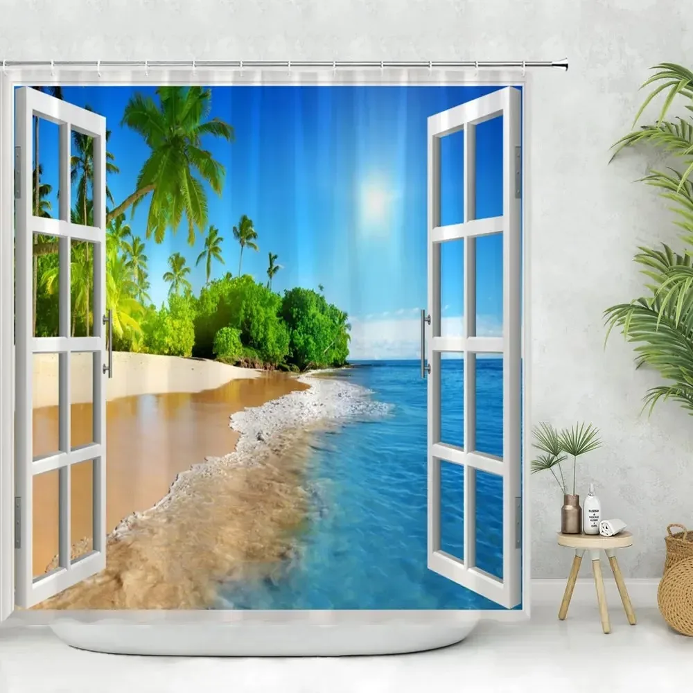 Seaside Scenery Bathroom Shower Curtain Tropical Ocean Beach Palm Tree Leaf Washable Shower Curtains Polyester Fabric Home Decor