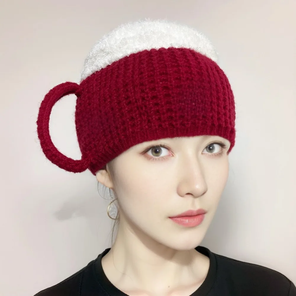 

Unisex 3D Beer Cup Hats Knitted Warm Ear Hairline Beanies Versatile Warmers Beer Lovers Pullover Cap Women Men
