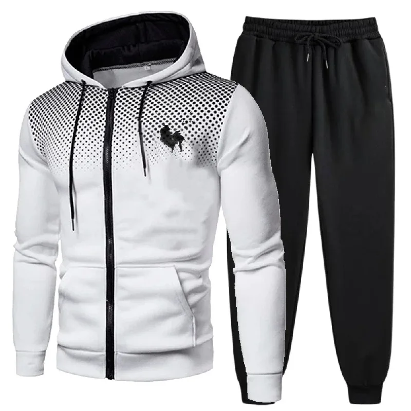 طقم جاكيت رجالي سويت شيرت بقلنسوة مطبوع عليه حصان أسود وأحمر لملابس اللياقة البدنية الرياضية الخارجية غير الرسمية