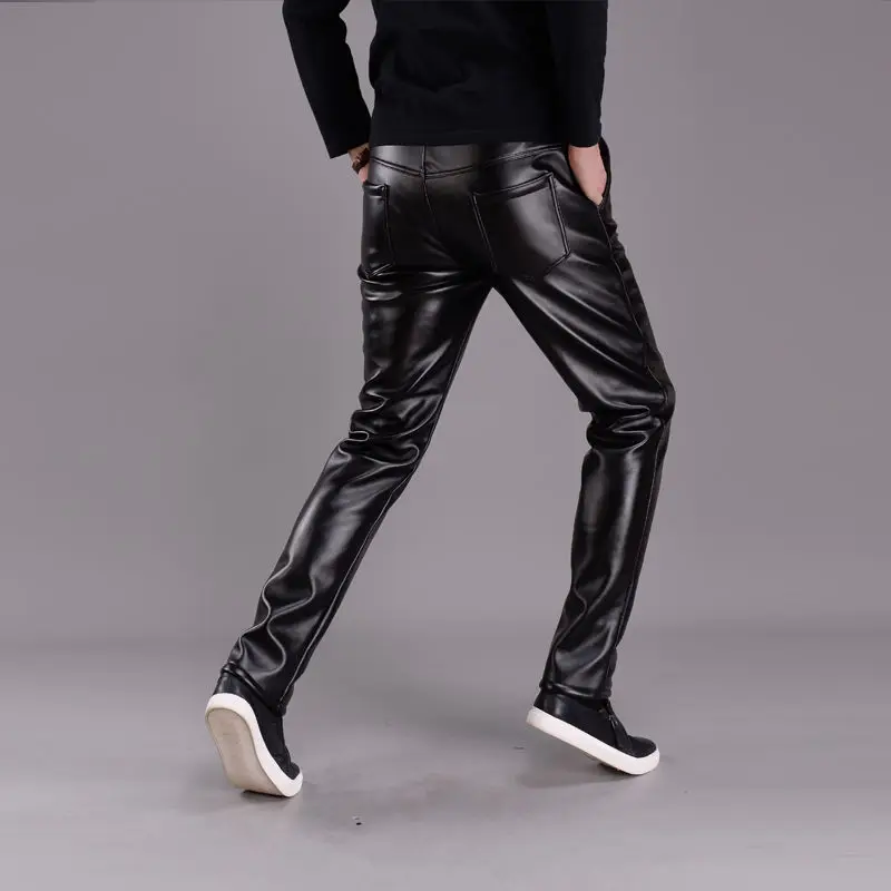 Spring Summer Men Leather Pants Elastic High Waist Lightweight Casual PU Leather Trousers Thin Causal Trousers