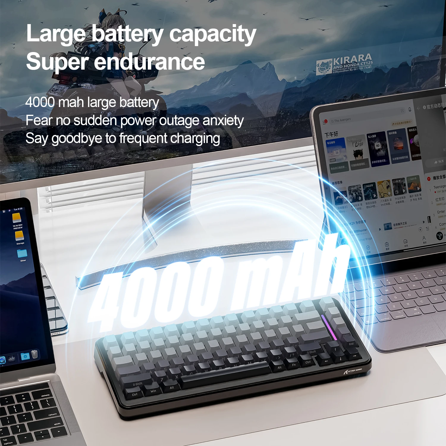 Ataque tubarão m86 teclado mecânico óptico gravado lateralmente, corpo de interruptor permutável, bluetooth/2.4g/com fio, três modos rgb