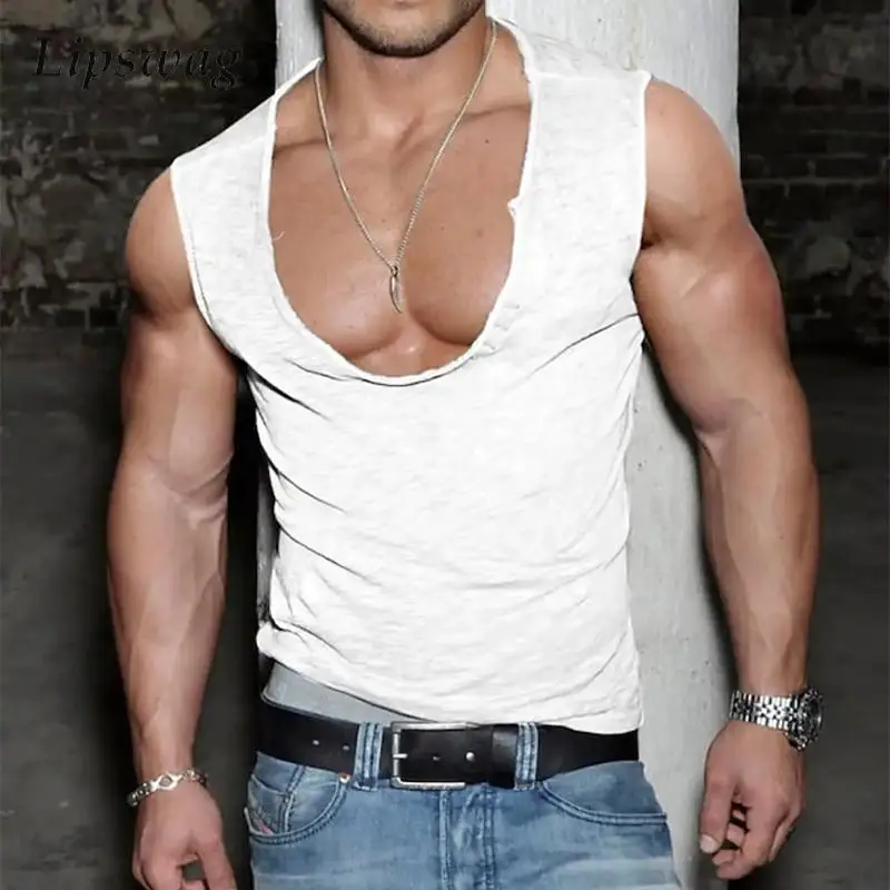 

Мужские майки для тренировки мышц, тренажерные залы, спортивные майки для фитнеса без рукавов с глубоким круглым вырезом, лето 202, модный мужской однотонный жилет