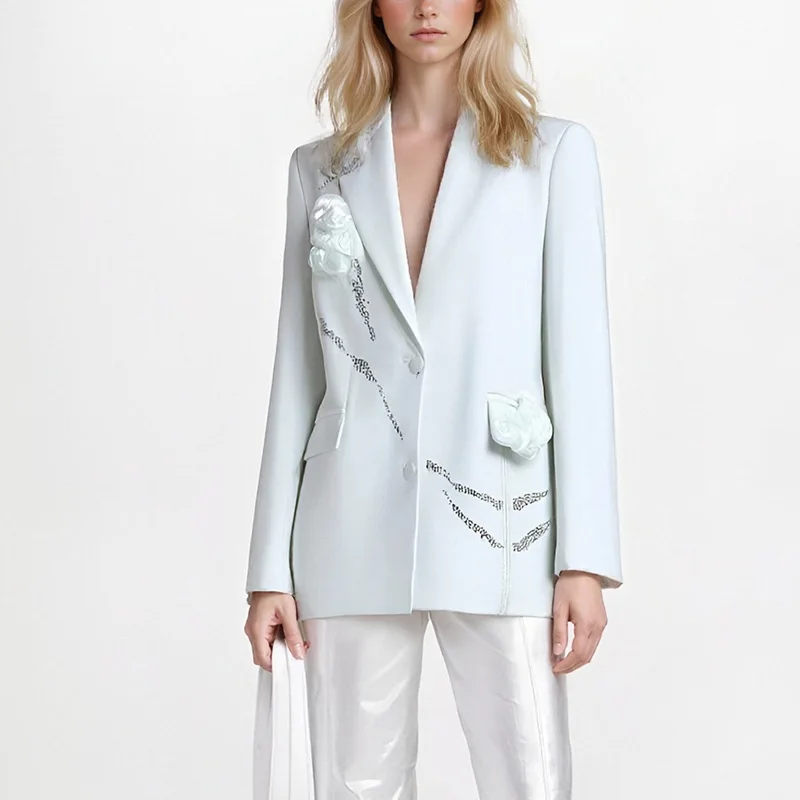 

Slim Fit Pure Color Suit Jacket For Women With 3D Flower Design High-End Feel Autumn New Style European And American Style