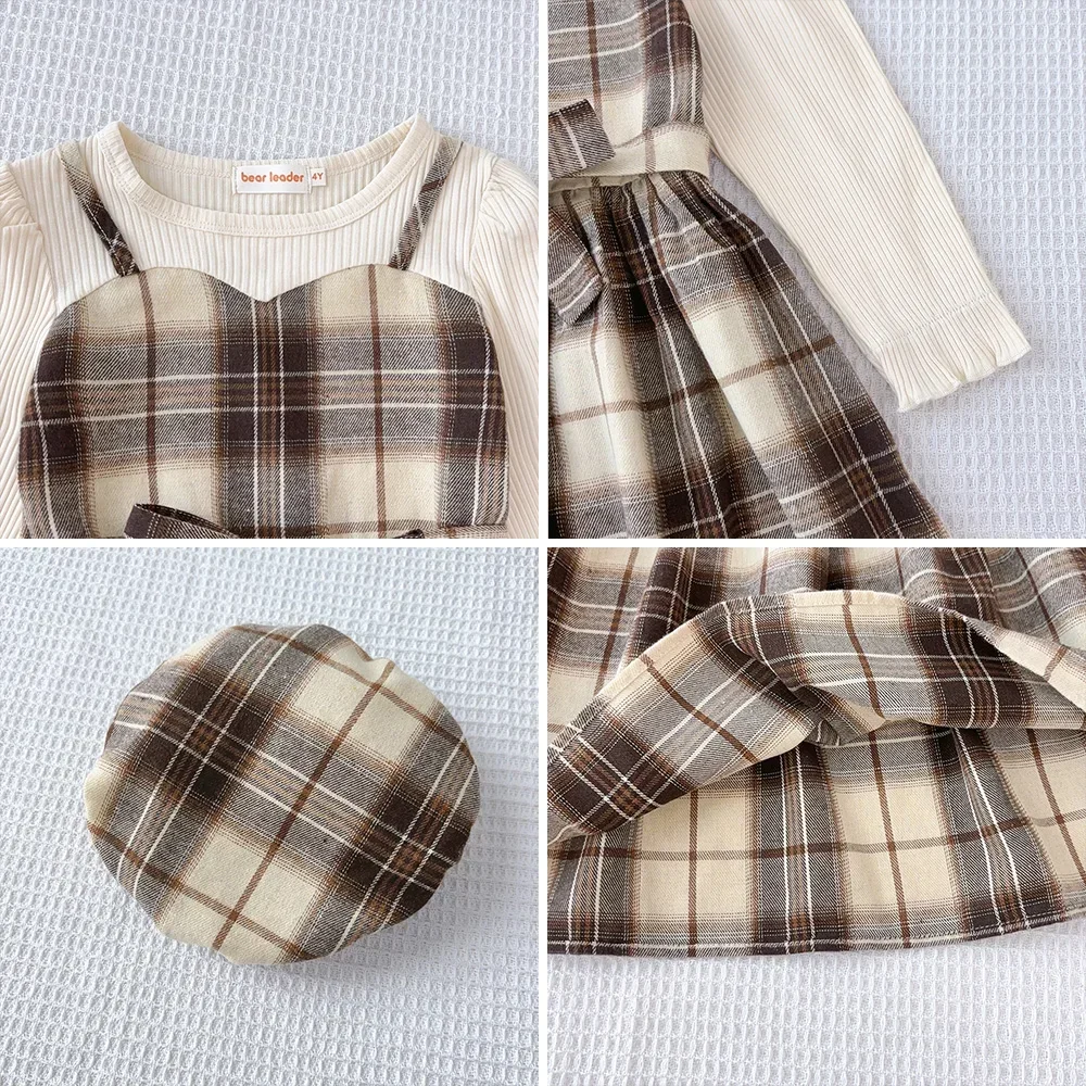 Koreanische Version Langarm-shirt Gefälschte Zwei-stück mit Gürtel + Print Hut Outfits 3-7 Jahre Alt Herbst neue Plaid Mädchen Casual Kleider – Detail 9