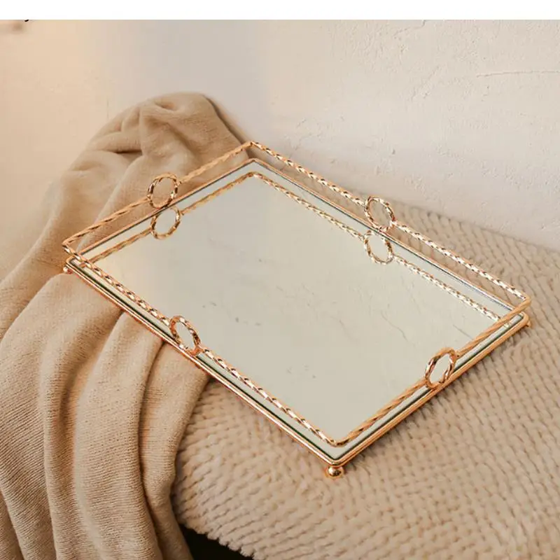 

Metal Rectangular Mirror Tray Household Dressing Table Cosmetic Storage Living Room Coffee Home Decoration