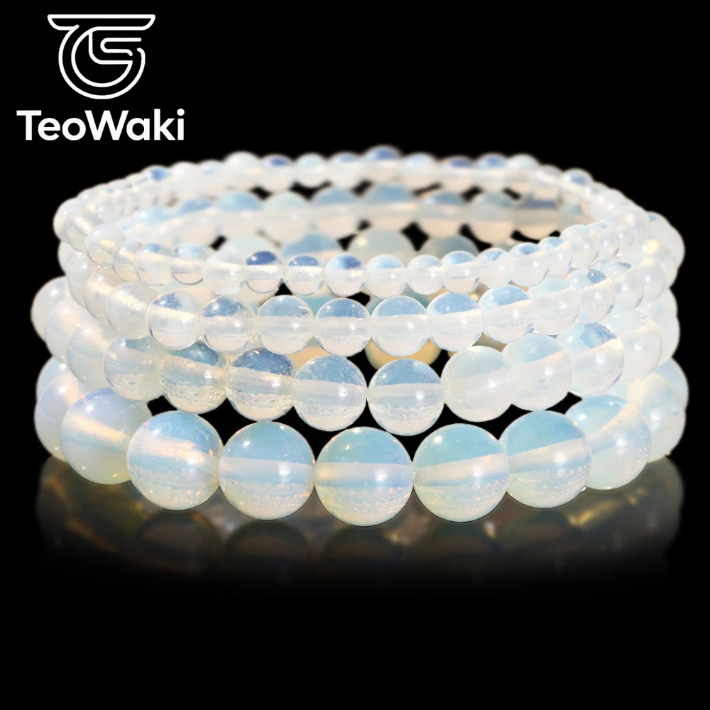 TeoWaki 4/6/8/10mm Natural White Opal Beaded Women Elastic Bracelet Stabilize Mood Fluctuations Relieve Discomfort Help Sleep