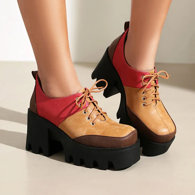 

Mixed Colors Square Toe Shallow Mouth Shoes Woman Flats Modis Clogs Platform Dress New 2024 Creepers Hoof Heels Punk Lace-Up Med