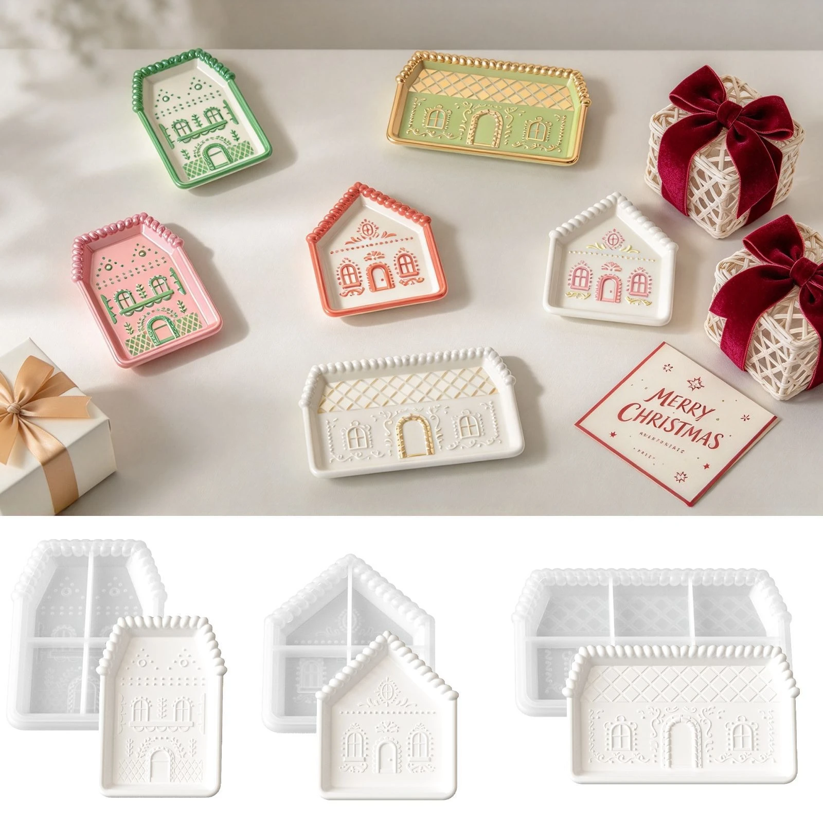 Christmas Gingerbread House Tray Silicone Mold DIY Embossed Pattern House Dish Mould Resin Plaster Clay Craft Making Tools