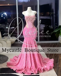 New Arrivals Pink Sequins Sequins Long Prom Dress 2025 For Black Girls Beaded Mermaid Evening Dresses Lace UP Customized