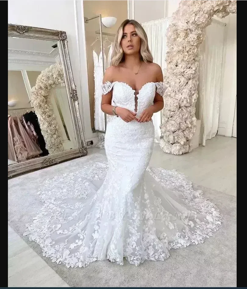 Vestidos de novia de encaje con apliques florales 3D para mujer, vestido bohemio de manga larga con cuello en V, vestido de novia elegante de sirena Sexy, Color hecho a medida/S