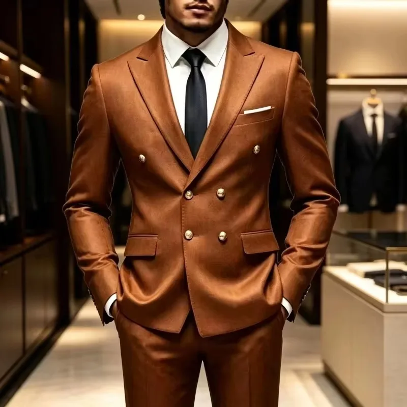 2026  Brown Men Suits 2 Pieces Slim Fit Peaked Lapel Double Breasted ternos masculinos completo Jacket+Pants Customized
