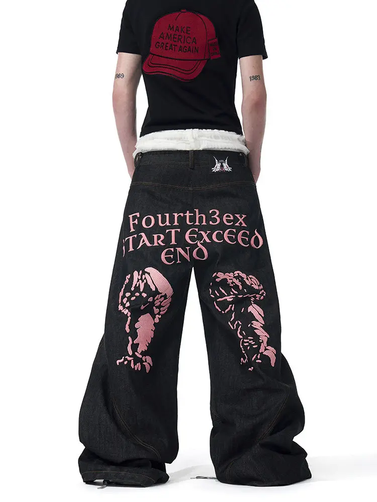 

Collaboration Edition Men's Summer Original Denim Baggy Wide Leg Pants Embroidered Temperature Sensing Color Changing Jeans
