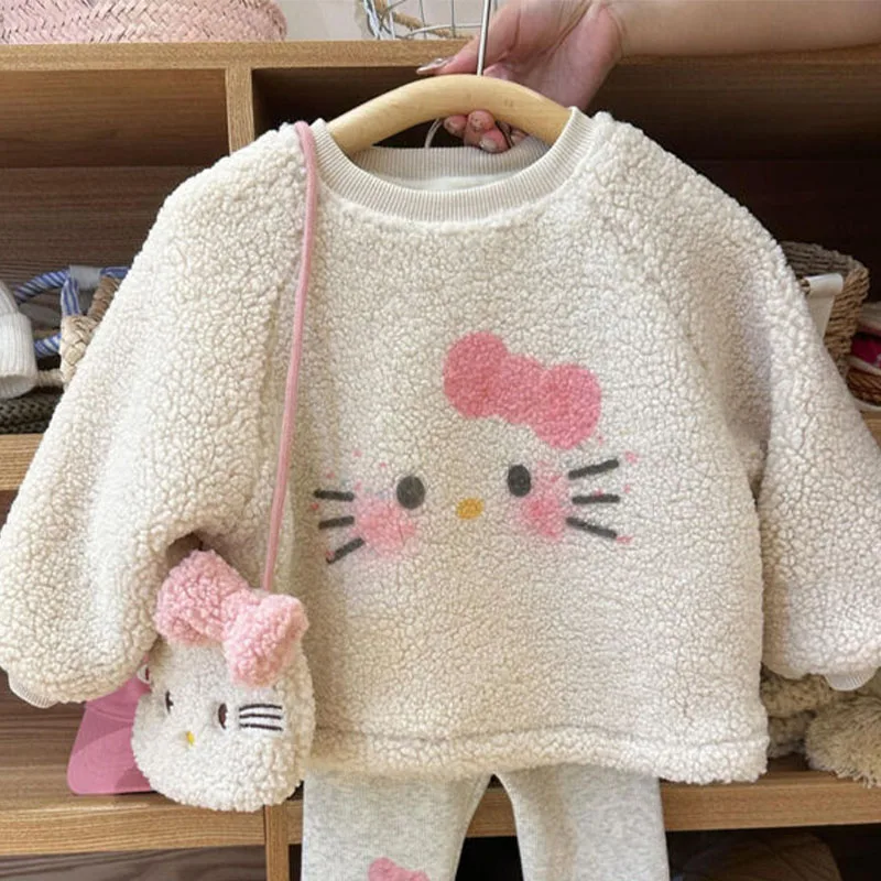 2 szt. Kawaii Hello Kittys dziewczyny jesienno-zimowa pluszowa bluza z motywem kreskówkowym garnitur nowe dzieci zagęszczone topy z długim rękawem spodnie śliczne