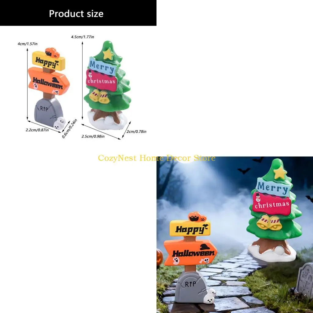 92MF 2Pcs Halloween Christmas Resin Lamp Post Sign Miniature Decors for Festival Home and Office Desktop Display Ornament