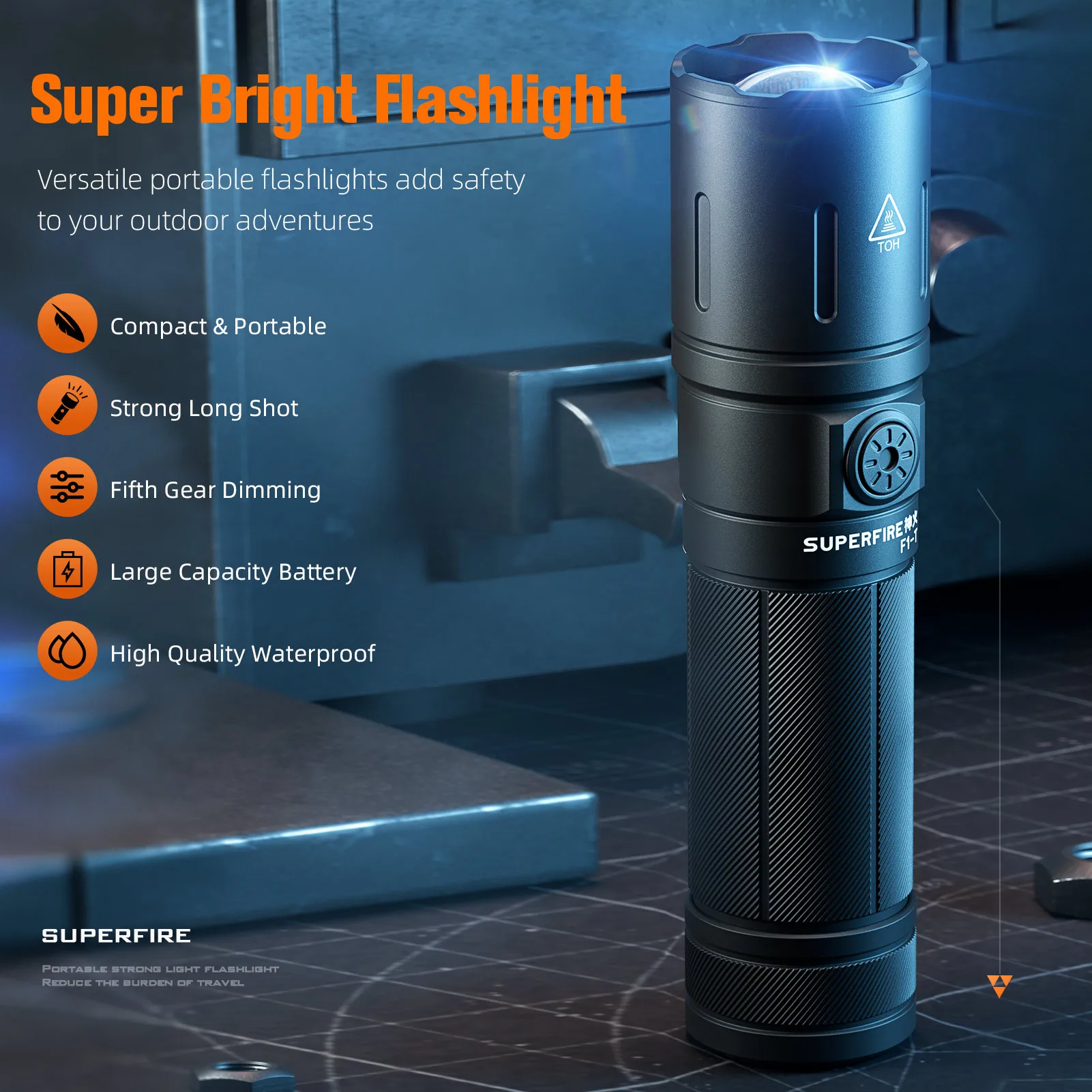 SUPERFIRE F1-T High Power LED Flashlight EDC Zoomable Tactical Torch USB C Rechargeable 1000LM Camping Emergency Lantern