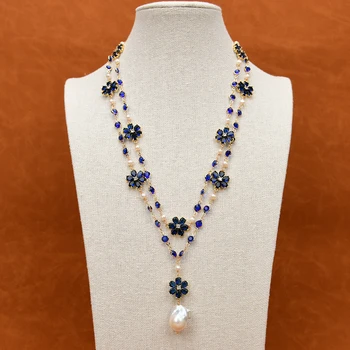 GG 22'' 2 rows cultured white pearl blue crystal flower glass chain necklace white Keshi pearl necklace