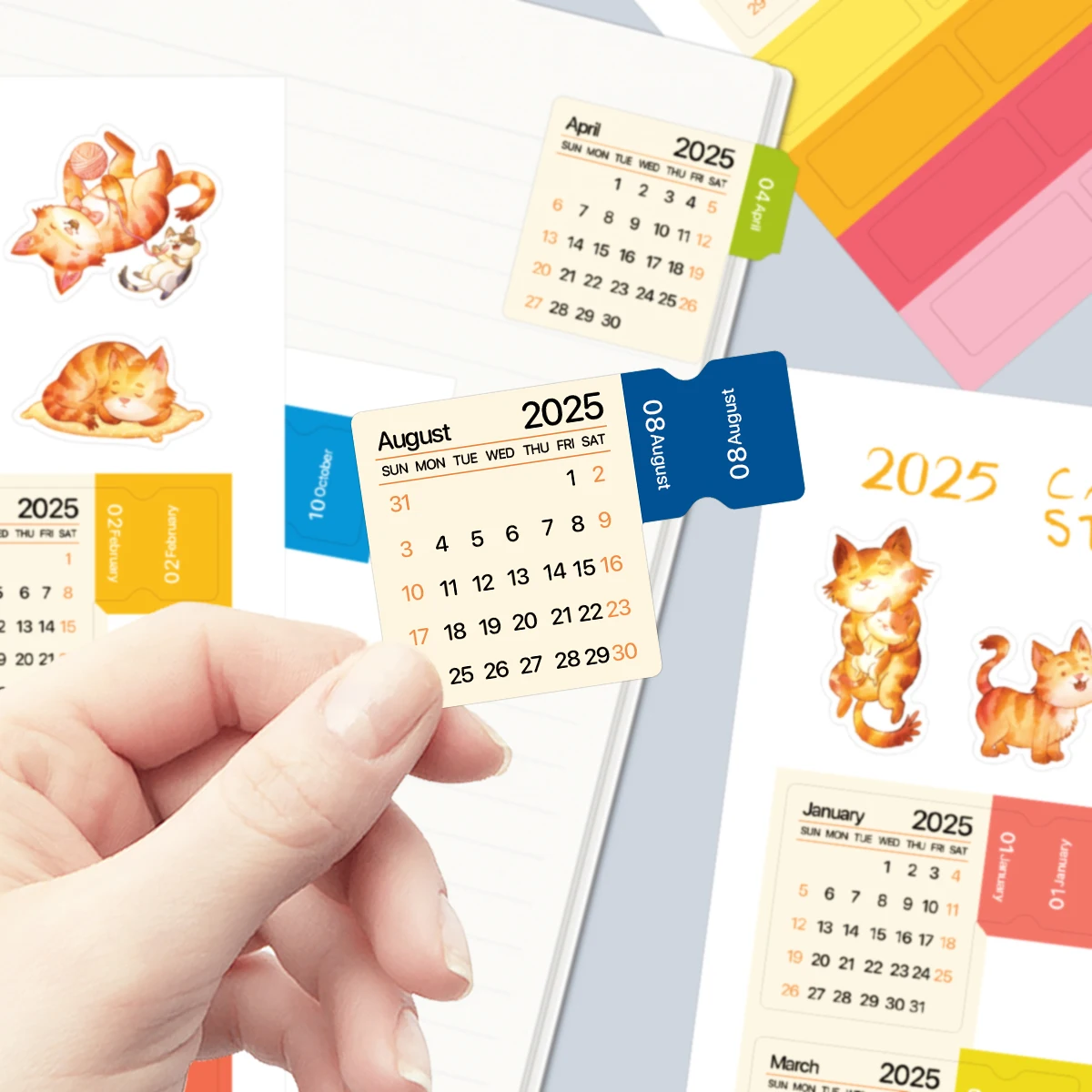 2025 Mini Calendar Stickers with Cute Cat Design,2 Sheets Monthly Index Tabs Planner Adhesive Divider for Your Planner and Diary