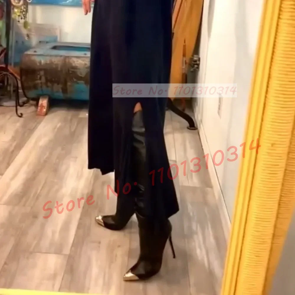 Metallic Toe Knee High Boots Women Chic Pleated White Stiletto High Heels Shoes Ladies Winter Gorgeous Pointy Slim Tall Boots - view 5