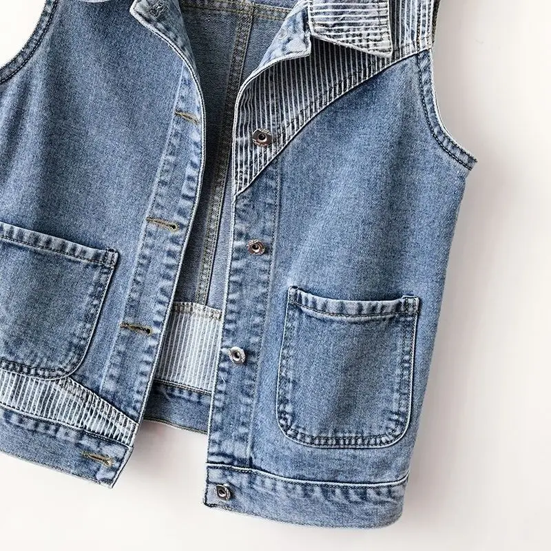 2024 Women\'s Summer New Original Design Fashion Commute Patchwork Pockets Button Striped Lapel Sleeveless Loose Denim Vest Coats