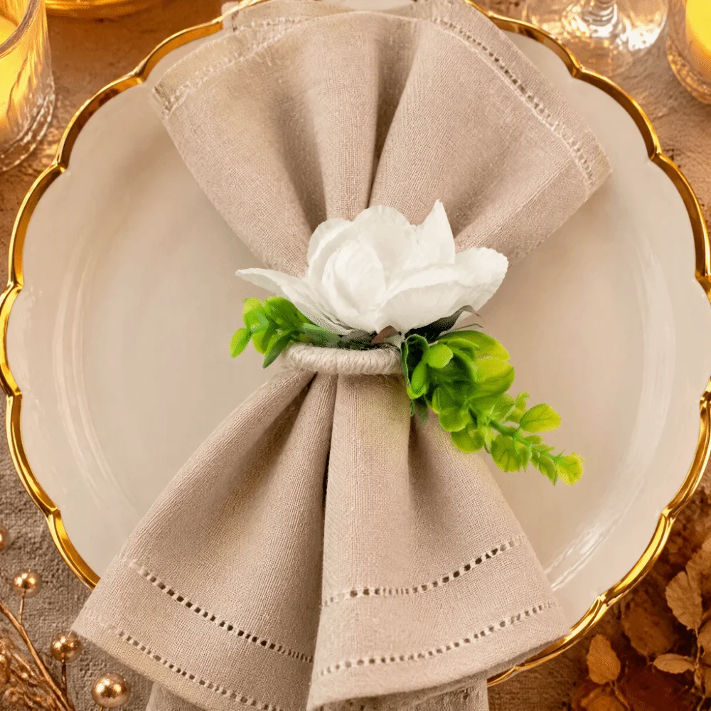 3.54×3.35in Table Napkin Holders White Flower Hemp Rope Jute Napkin Buckles Woven Jute Rope Artificial Flower Napkin Rings