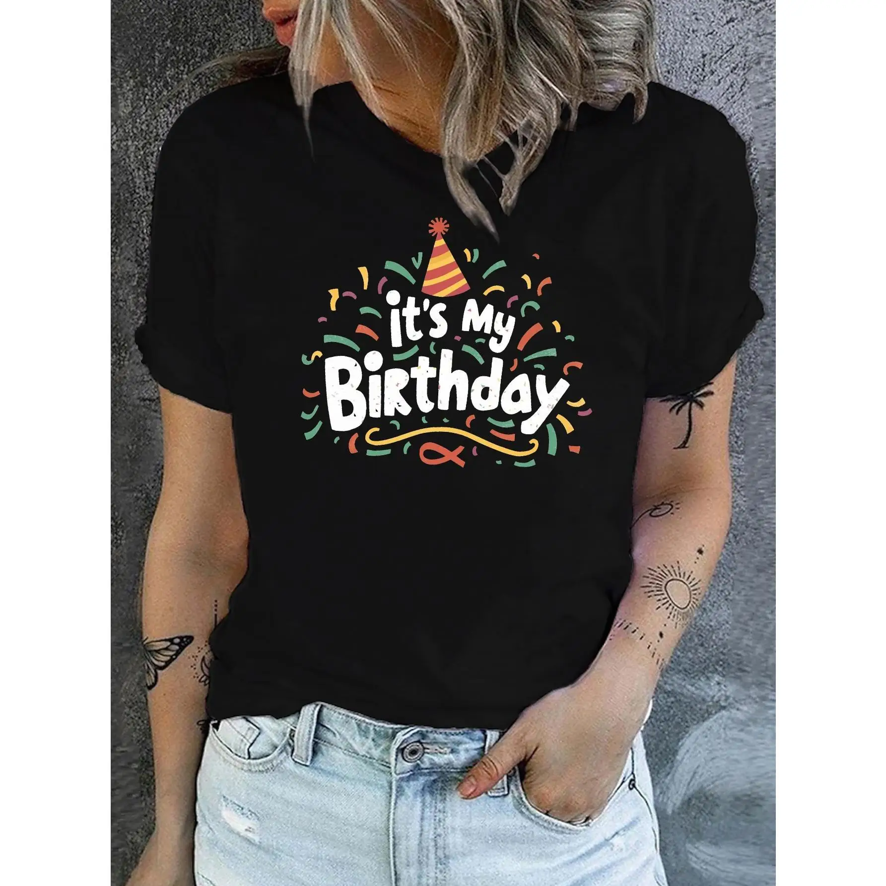 

Women's 'It's My Birthday' Graphic Tee - 100%, Casual Crew Neck Short Sleeve T-Shirt With Party Hat & Confetti Design, Perfect