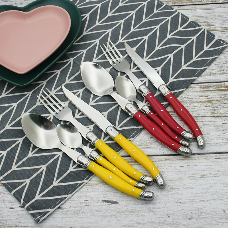 4-24pcs Rainbow Laguiole Cutlery Colorful Plastic Handle Tableware Black Steak knife Fork spoon Teaspoon Red Green Dinner set