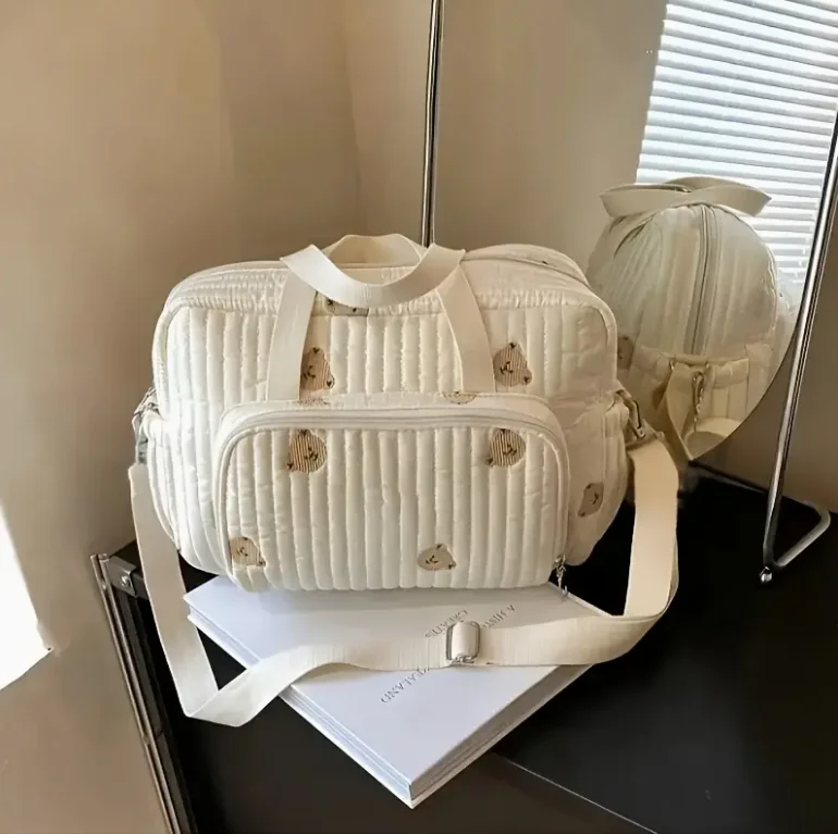 حقيبة حفاضات مطرزة على شكل دب وتوليب أنيقة من النايلون مع مشبك لعربة الأطفال لأساسيات السفر للشباب #3