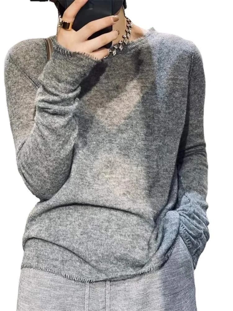 2024 봄 가을 신상 순 캐시미어 라운드넥 프린지 캐시미어 스웨터 여성 루즈핏 한국 스웨터 패션 울 베이스 셔츠