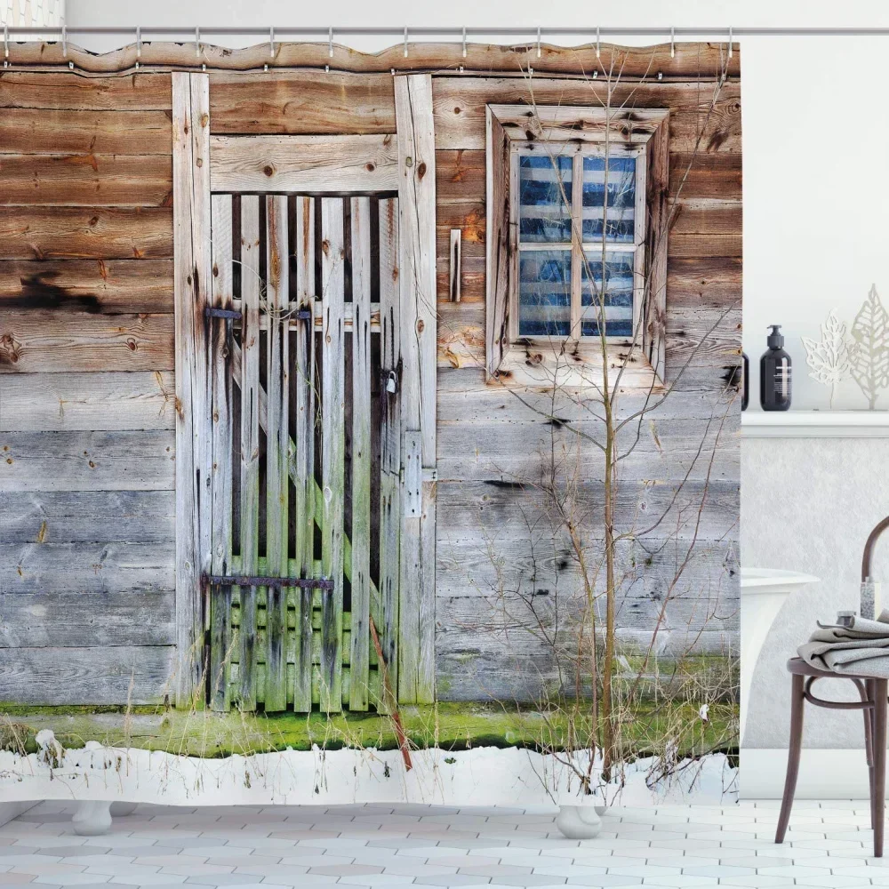 Primitive Country Shower Curtain Neglected Old Farmhouse Rustic Wooden Door Window Rural Fabric Bathroom Decor Set With Hooks