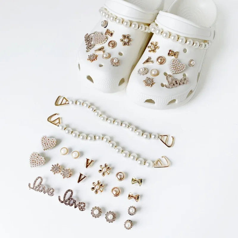 22PCS Luxury Designer Shoe Charms Set Accessories for Sandals Clogs Shoe Buckle Summer Pearl Chain DIY Shoes Decorations