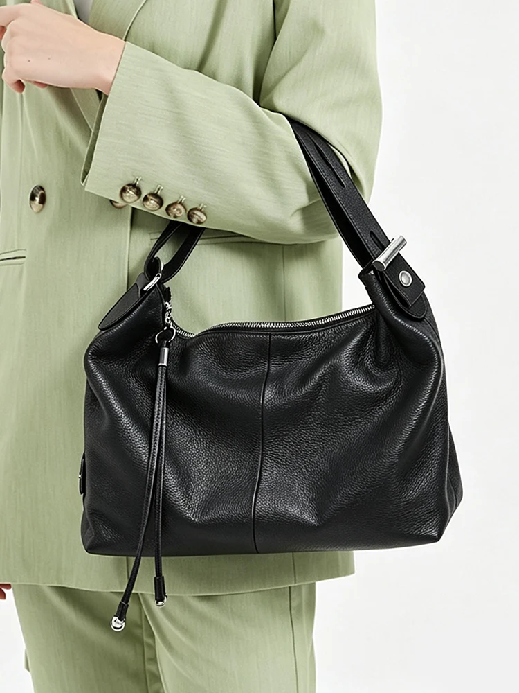 Zency 100% Genuine Leather Large Women Top Handle Shoulder Bag Tote Handbag Purse Black Leather Hobo Bag Underarm Zipper Bags image 2