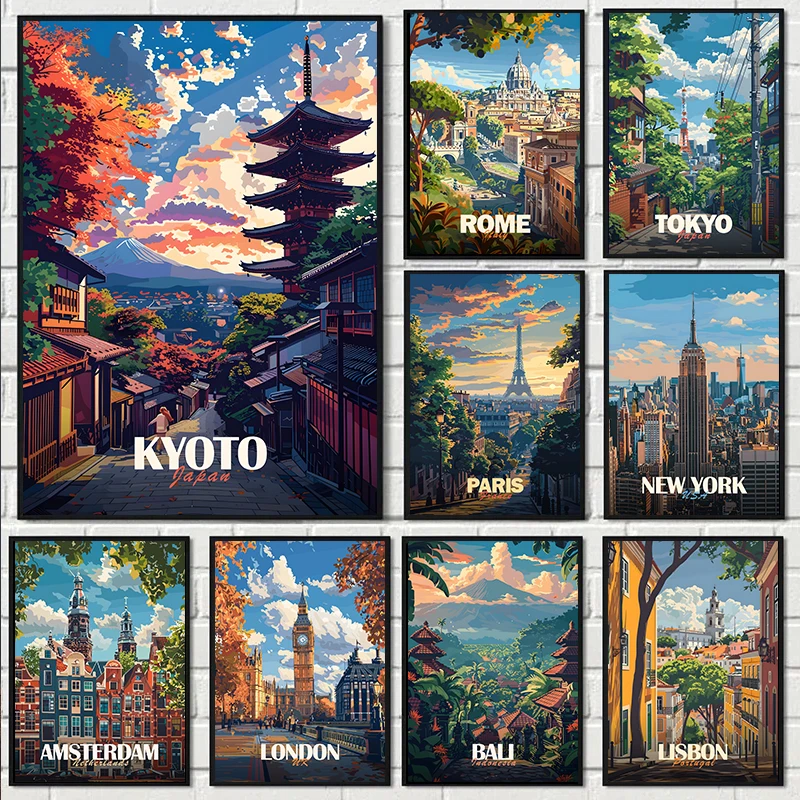 Modern Holiday Tourism City Travel Posters Prints Paris New York Kyoto Canvas Painting Wall Art Pictures Home Living Room Decor