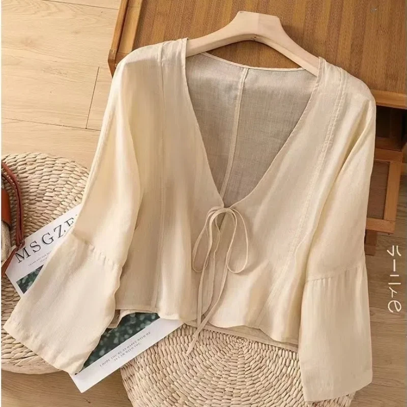 Office Lady Summer Women\'s Solid Color Cardigan Long Sleeve Bandage V-Neck T-shirt Coats Chiffon Casual Spring Autumn Tops