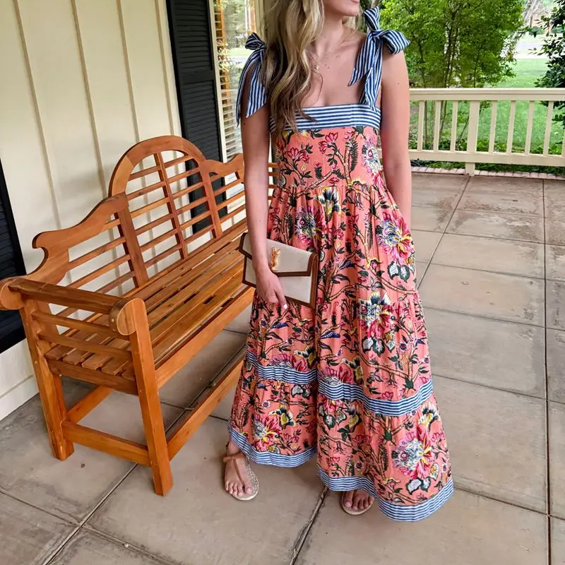 Combhasaki Women Summer Boho Wide Straps Bow Tied Shoulder Straps Square Neck Floral Striped Print Swing A-line Tank Long Dress