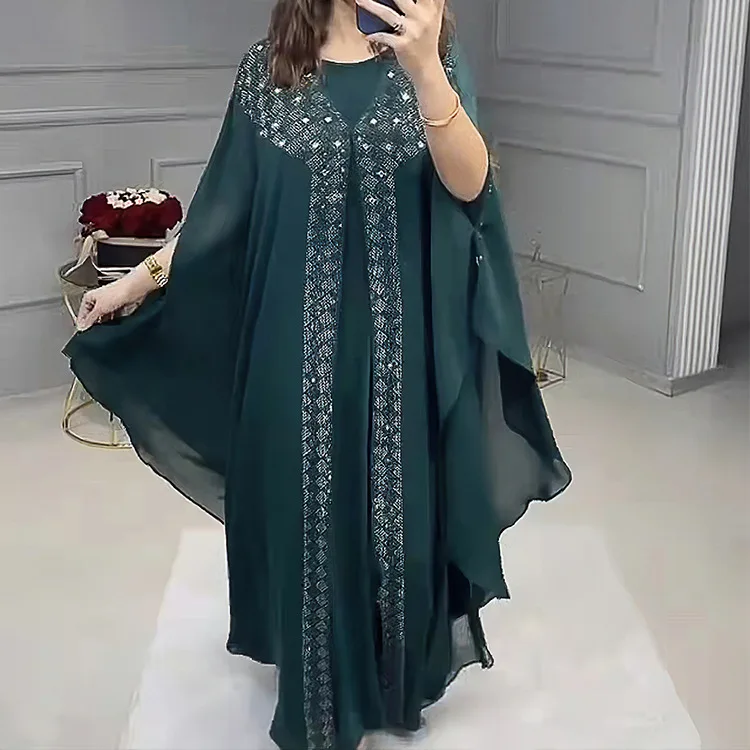 Luxury Rhinestones African Dress for Women Kaftan Africa Clothing Ramadan Robe Chiffon Long Dress Islam Muslim Abaya 2 Piece Set