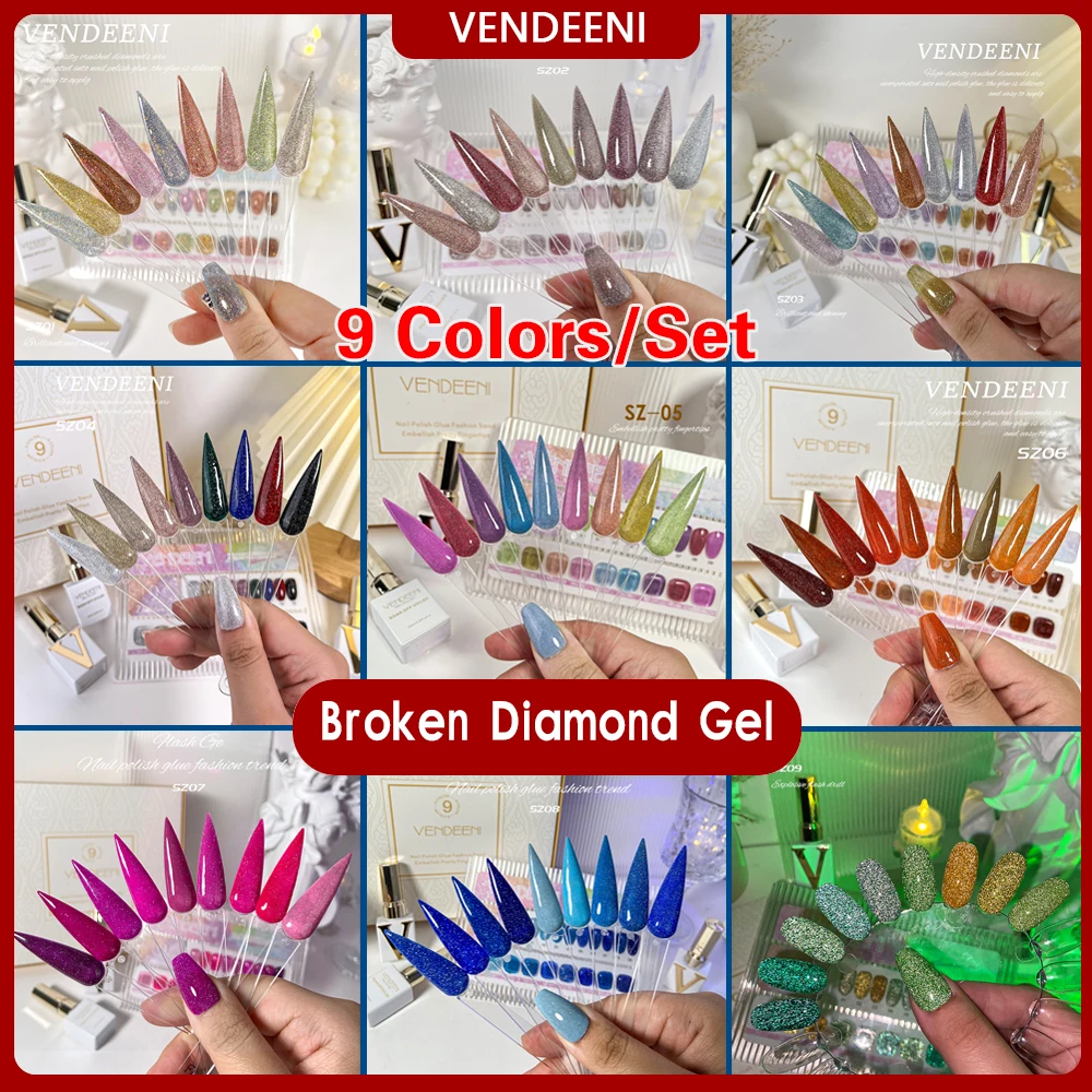 

Vendeeni 9 Color/set Glitter Broken Diamond Gel Nail Polish UV LED Pure Colors Sequins Manicure Nail Varnish With Color Card
