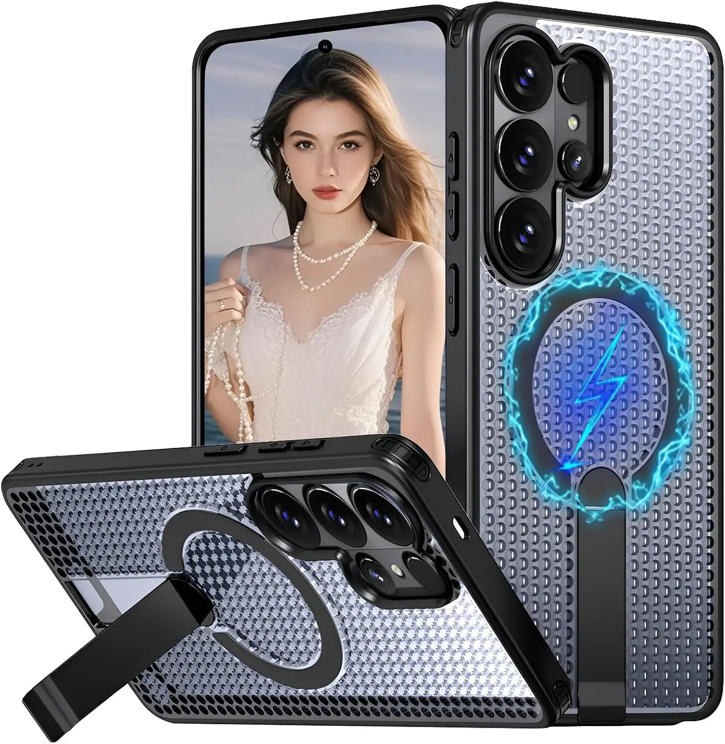 case for Samsung S26 S25 S24 S23 S22 plus ultra Honeycomb heat dissipation magnetic protective cover 360-degree rotating bracket