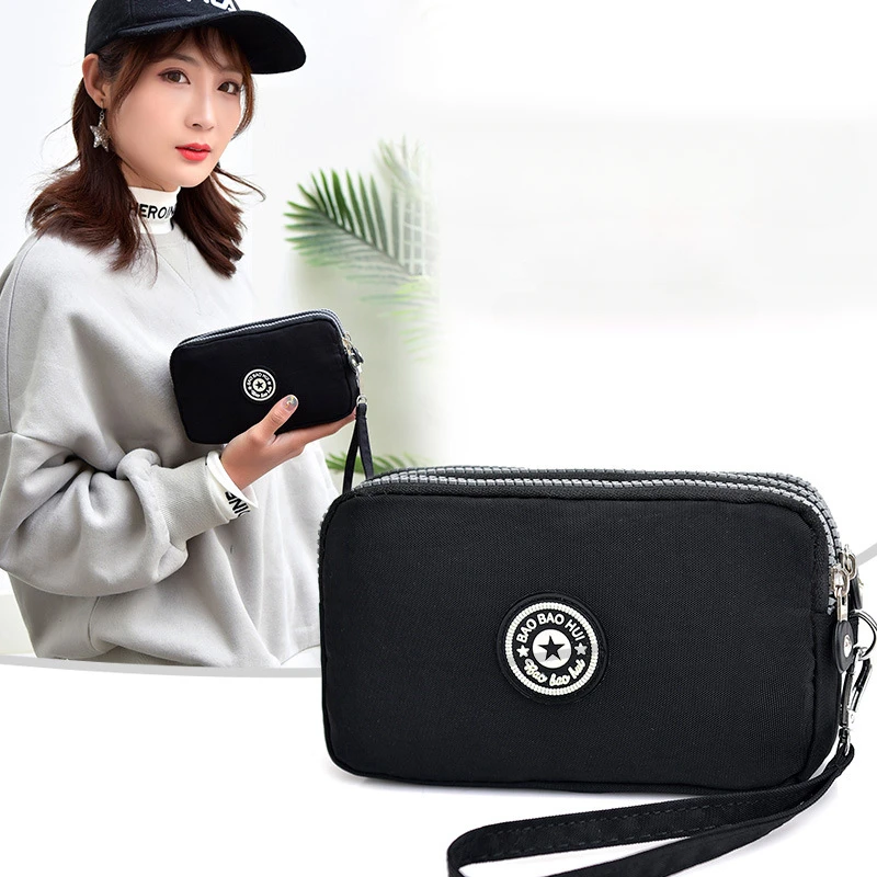 Fashion Zipper Wallet Women's Casual Waterproof Clutch Bag Versatile Nylon Phone Bag with Wristlet 3 Layer Wallet Large Capacity