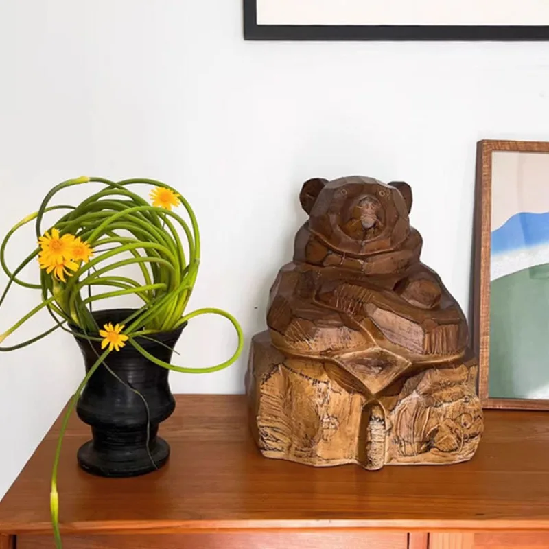Wood carving feeling porch ornament, home model room homestay ornament, bear ornament