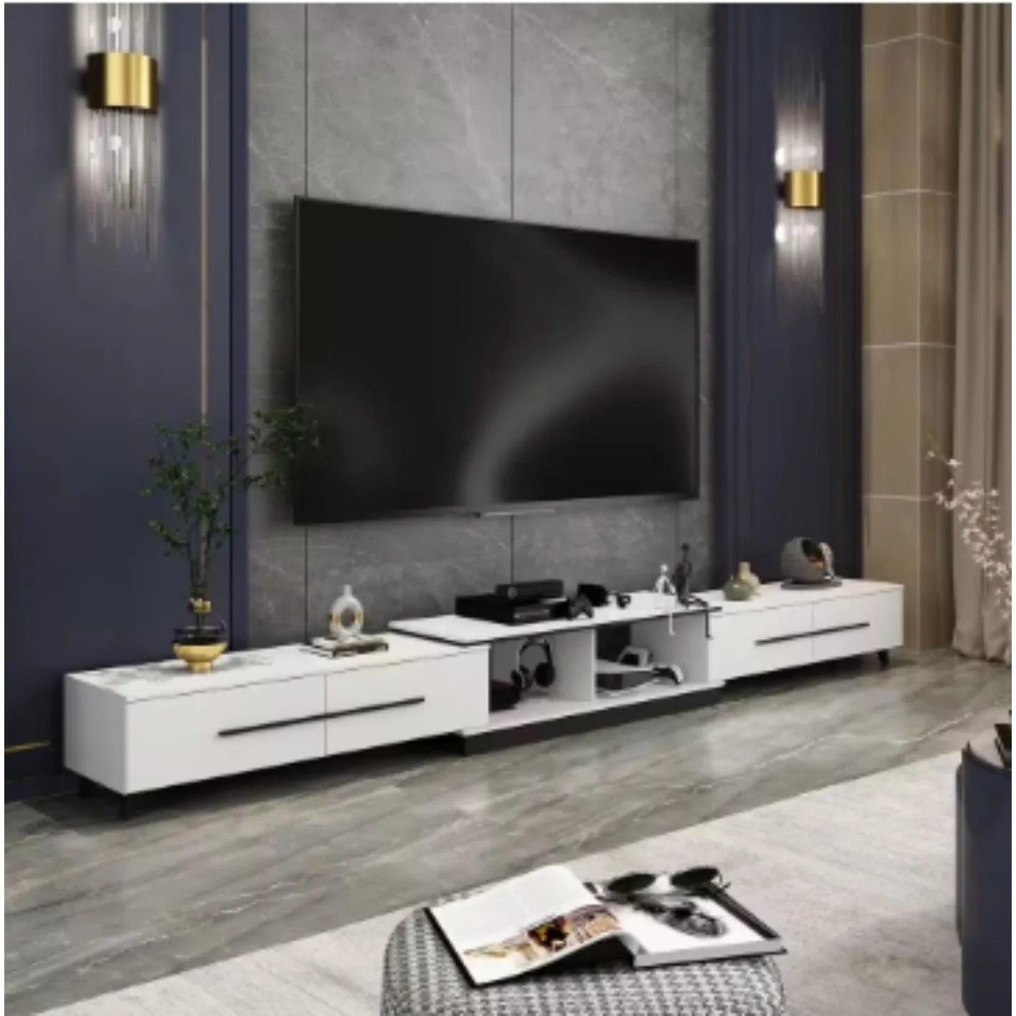 US Modern Wood White TV Media Console Entertainment Center with Adjustable Length and Drawers Fits TV\'s up to 100 in.