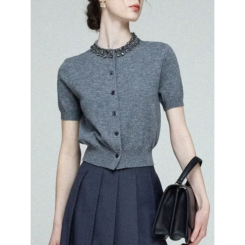 

All Matc Diamond Studded Round Neck Knitted Cardigan Women's Gray Slimming Short Sleeved Summer Ice Silk Stylish Small Shirt Top