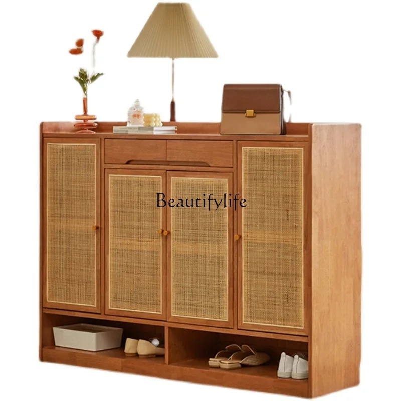 

Japanese-Style Cherrywood Shoe Cabinet Home Doorway Large Capacity Hallway Integrated Wall Solid Wood Rattan Shoe Rack