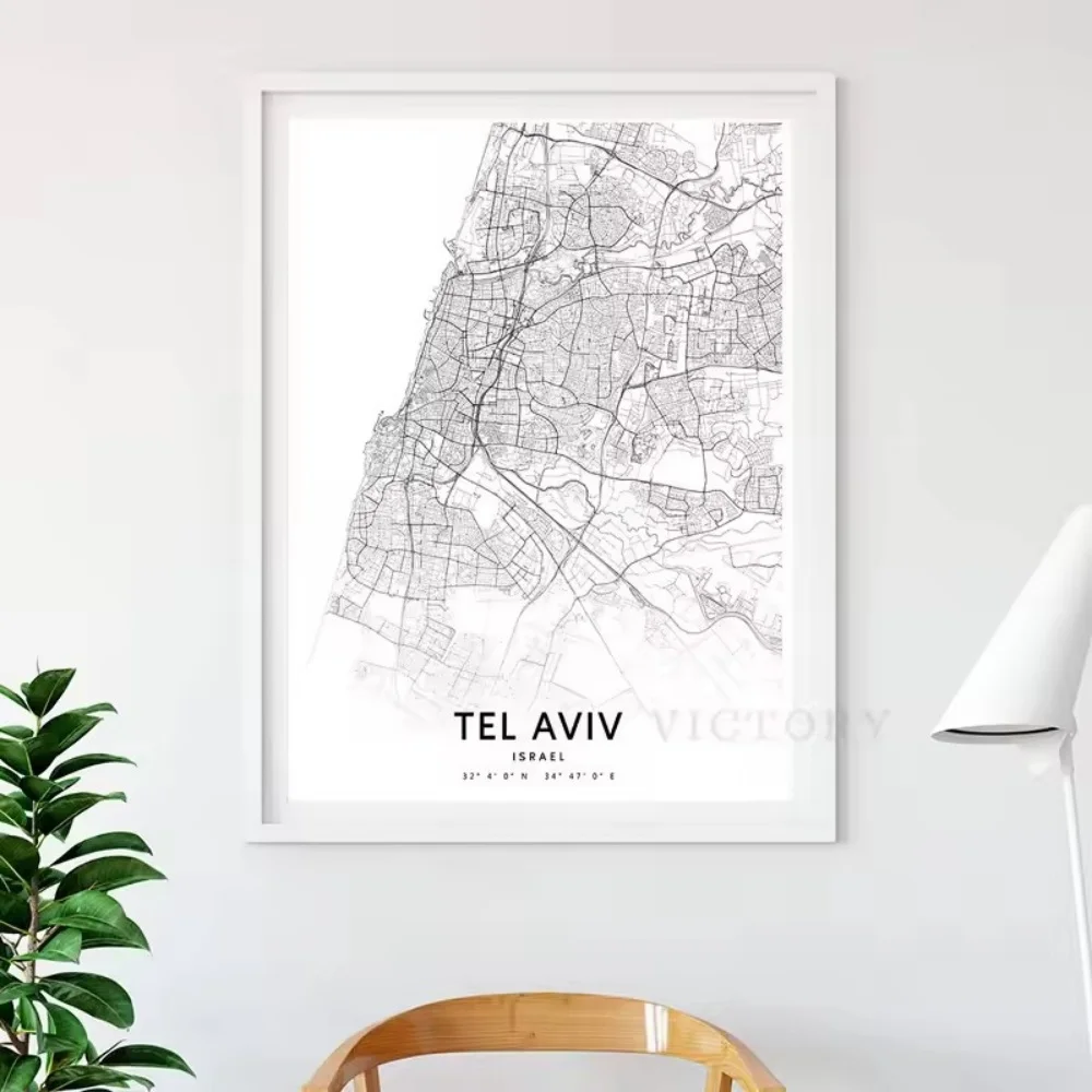 

Tel Aviv Map Print Poster Israel City Street Road Abstract Black and White Canvas Painting Wall Art Picture Nordic Home Decor