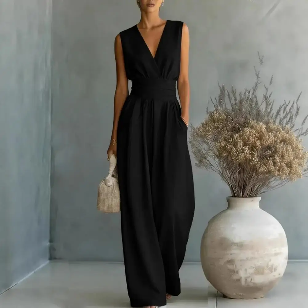 Women's Sleeveless Jumpsuits V Neck Straight Long Pants Rompers with Pockets Summer One Piece Overalls Casual Women Jumpsuit image 3