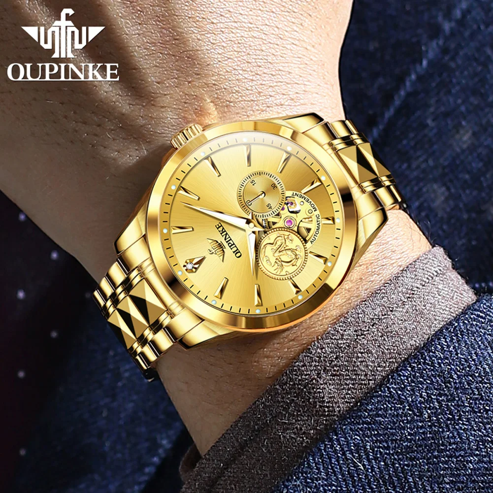 OUPINKE 3260 Zegarek męski z prawdziwego złota i diamentami, luksusowy złoty zegarek męski z motywem smoka, automatyczny zegarek mechaniczny, klasyczny zegarek biznesowy, prezent.