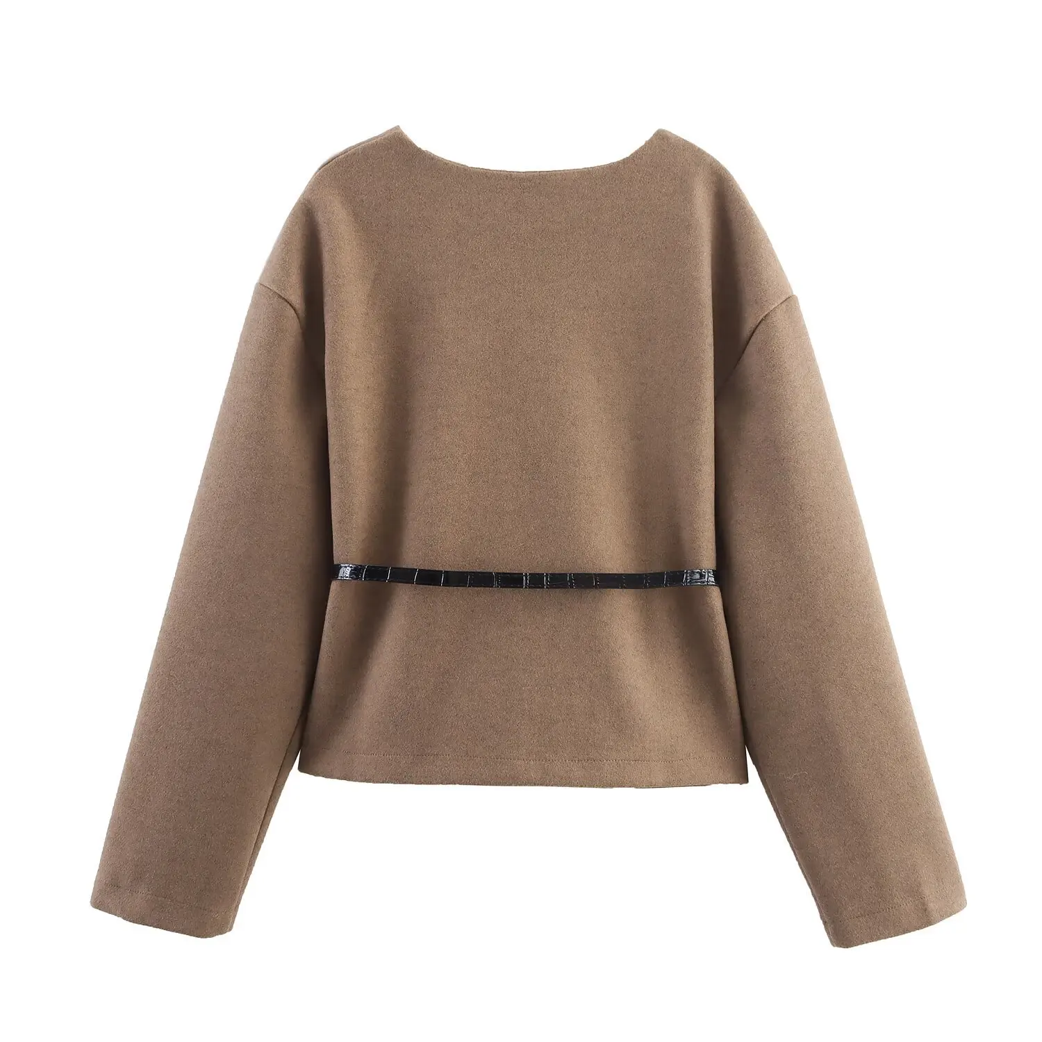 سترة ناعمة برقبة على شكل حرف V وأكمام طويلة مع حزام على الطراز الفرنسي ملابس نسائية ZA Wind Fashion ألياف البوليستر اتجاه الشارع